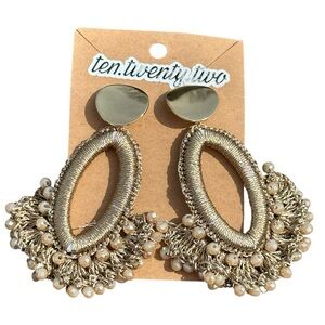 Gold Beaded Fringe Oval Drop Earrings